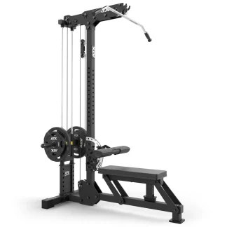 A black gym machine with a lat pulldown bar, weight plates, cables, and a padded bench, designed for strength training exercises like lat pulldowns and rows.