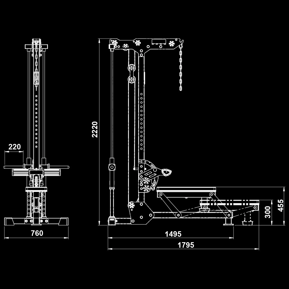 Technical dimension diagram of the ATX? Lat Pulldown Seated Row Machine showing width, height and depth measurements in millimetres.