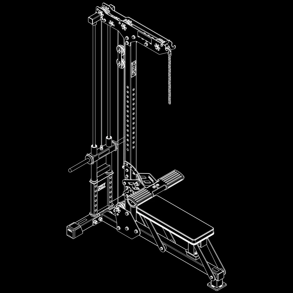 Isometric wireframe drawing of the ATX? Lat Pulldown Seated Row Machine outlining the frame structure and footprint.