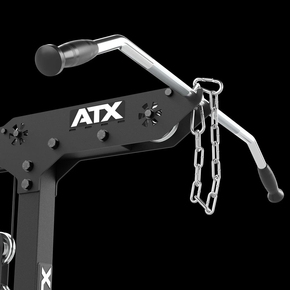 The lat bar, handle and extension chain storage bracket on the ATX? Lat Pulldown Seated Row Machine, keeping accessories tidy between sets.
