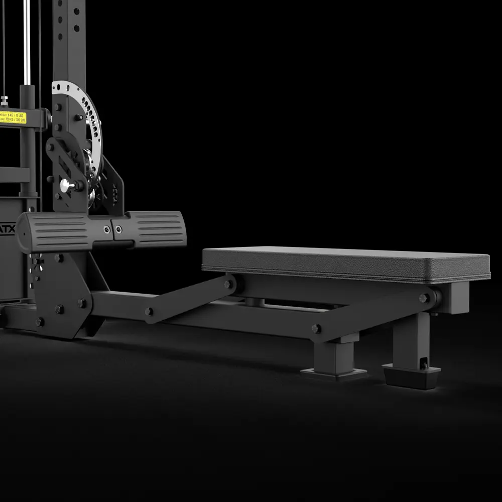 A close-up of the ATX Lat Pulldown Seated Row Machine, featuring a black padded bench and foot platforms designed for seated exercises, set against a black background.