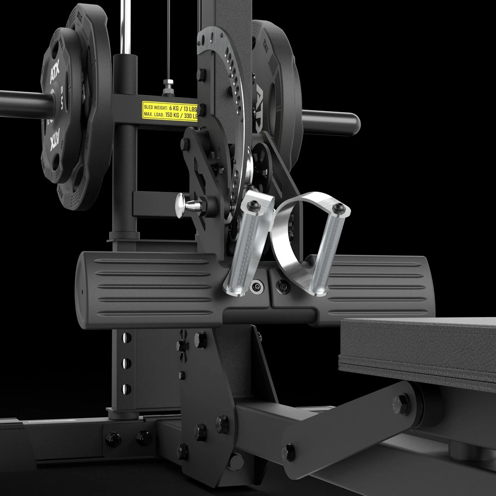 The weight carriage and handles of the ATX? Lat Pulldown Seated Row Machine, rated to 150kg and fitted with carabiner hooks.