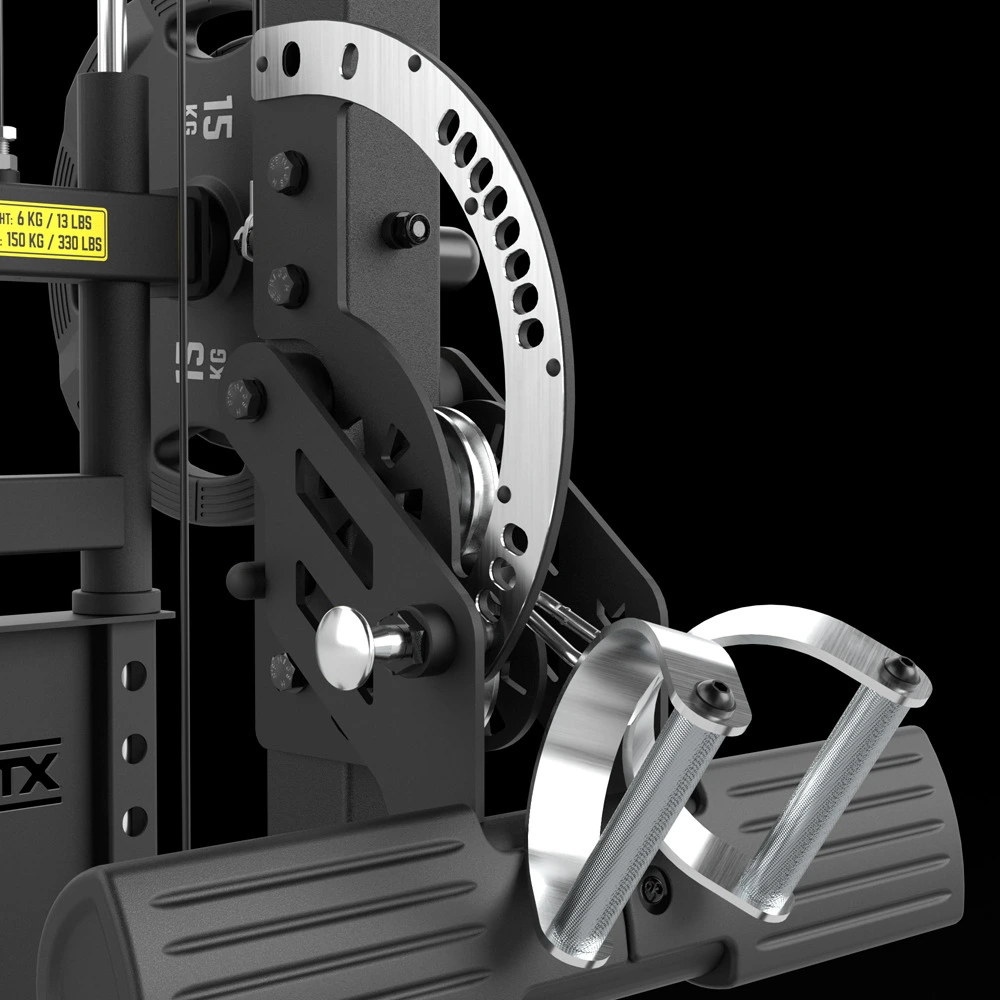 Close-up of the weight carriage mechanism and stainless steel branding plaque on the ATX? Lat Pulldown Seated Row Machine.