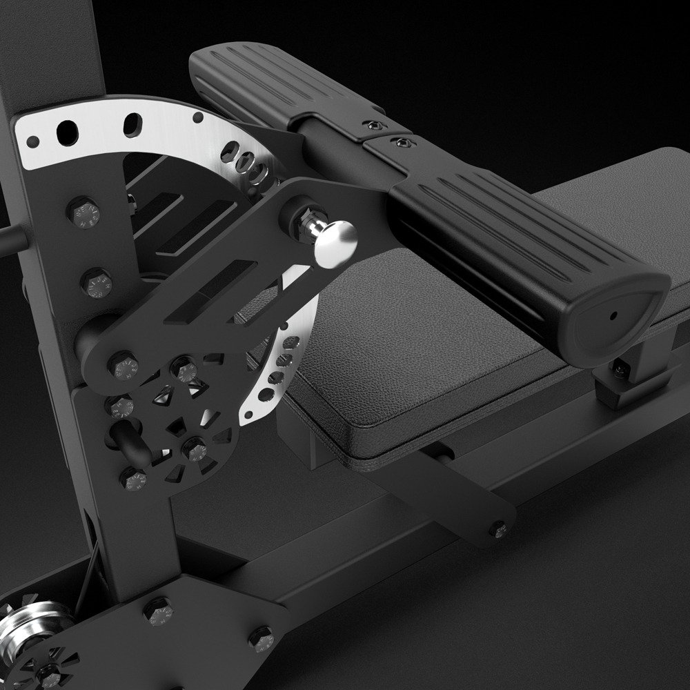 Close-up of the adjustable footplate pivot mechanism on the ATX Lat Machine.