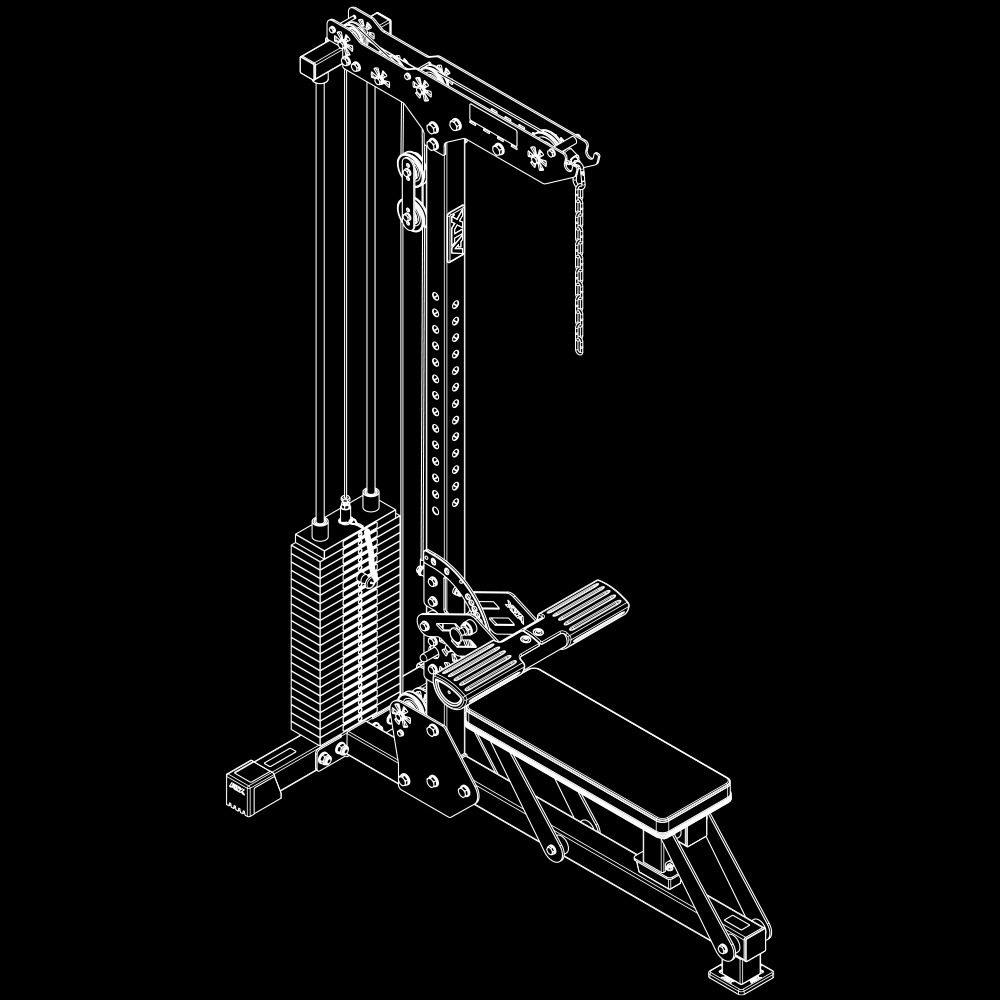 Isometric wireframe drawing of the ATX Lat Machine outlining the frame structure and footprint.