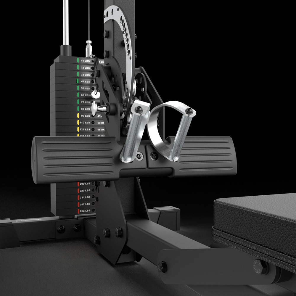 The fold-down seat and footplate on the ATX Lat Machine, shown converting into a seated row bench.