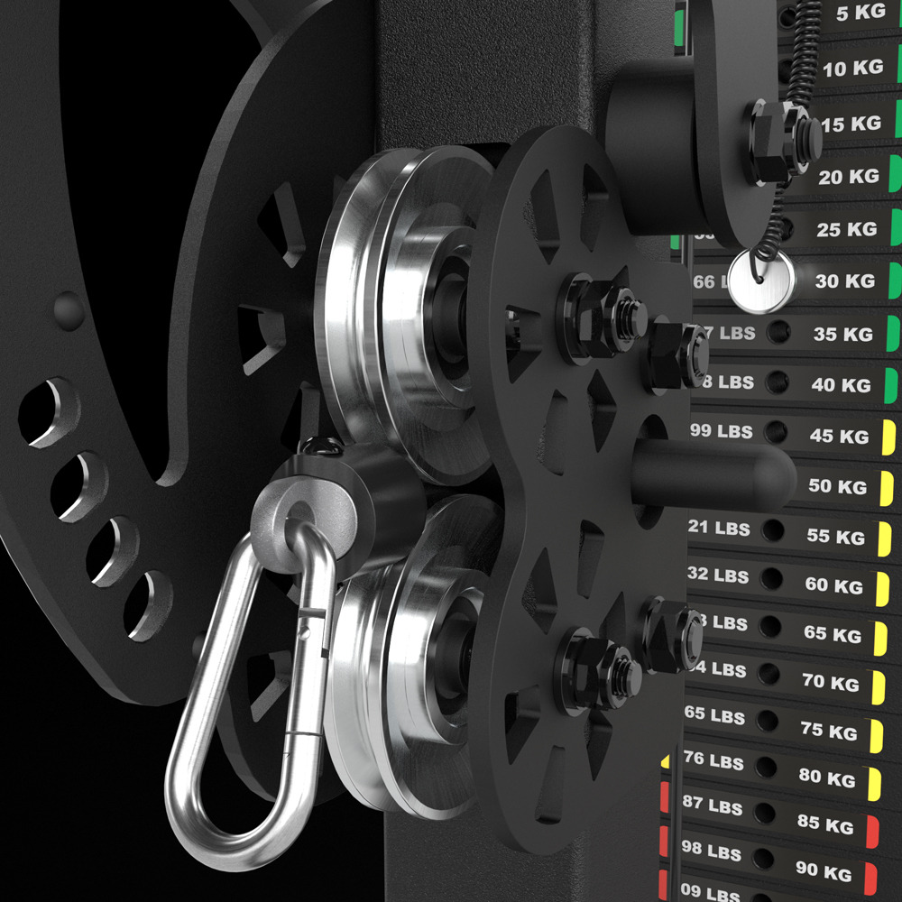 The pulley wheels and weight chart on the ATX Lat Machine weight stack.