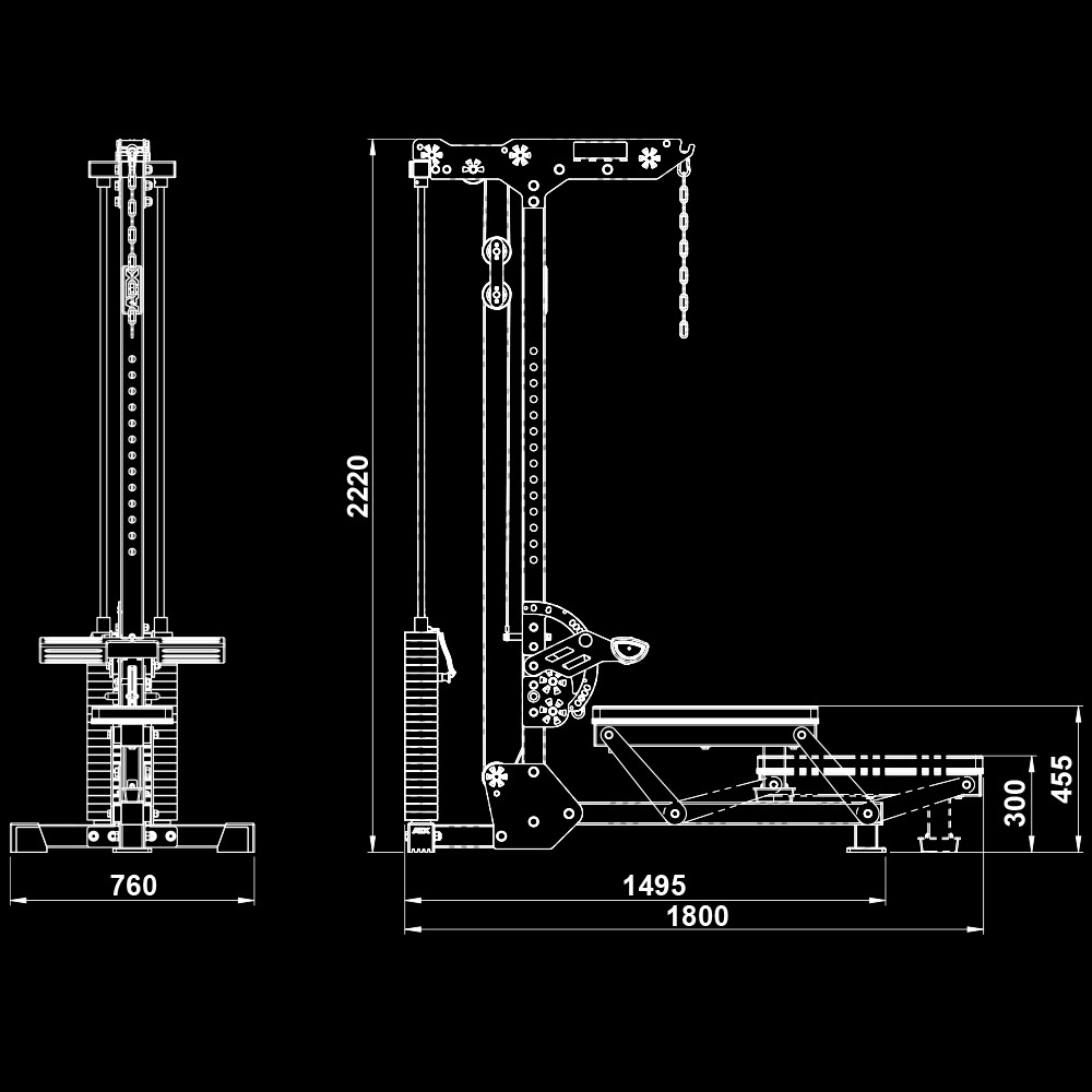 Technical dimension diagram of the ATX Lat Machine showing width, height and depth measurements.