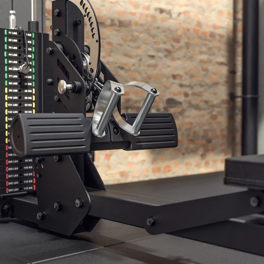 Close-up of a seated row machine in a gym, featuring black padded handles, a weight stack with color-coded markers, and a brick wall in the background.