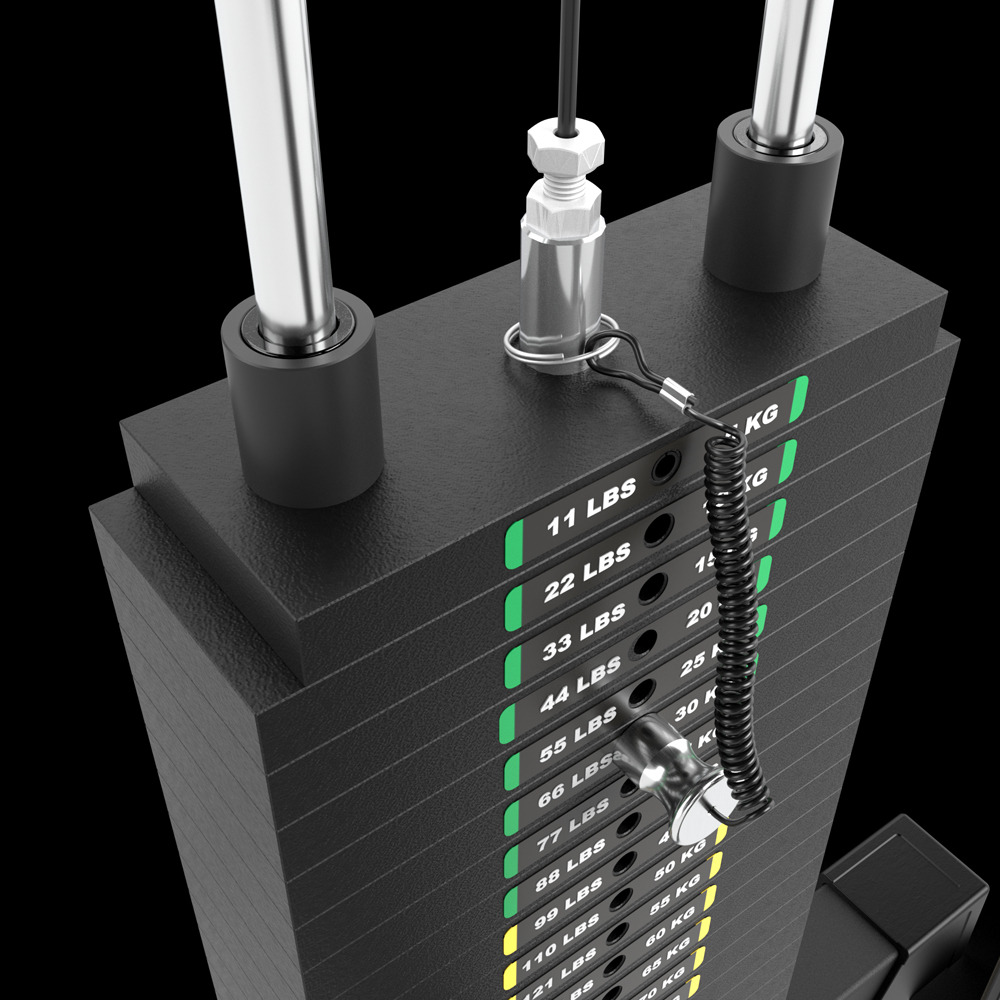 The guide rod and cable detail on the ATX Lat Machine weight stack.