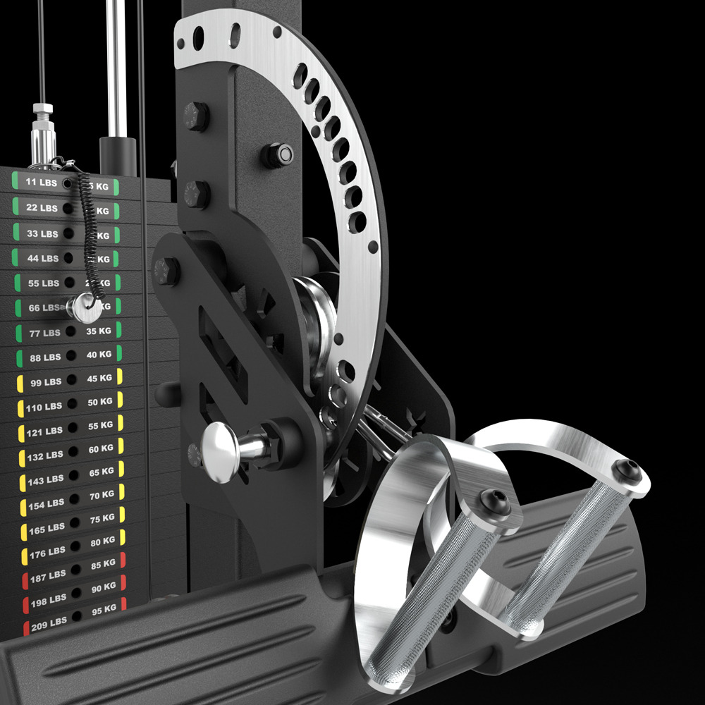 Close-up of a gym machines adjustable weight stack and pulley system, showing metal handles, a weight selector pin, and labeled weight plates with both pound and kilogram markings against a black background.