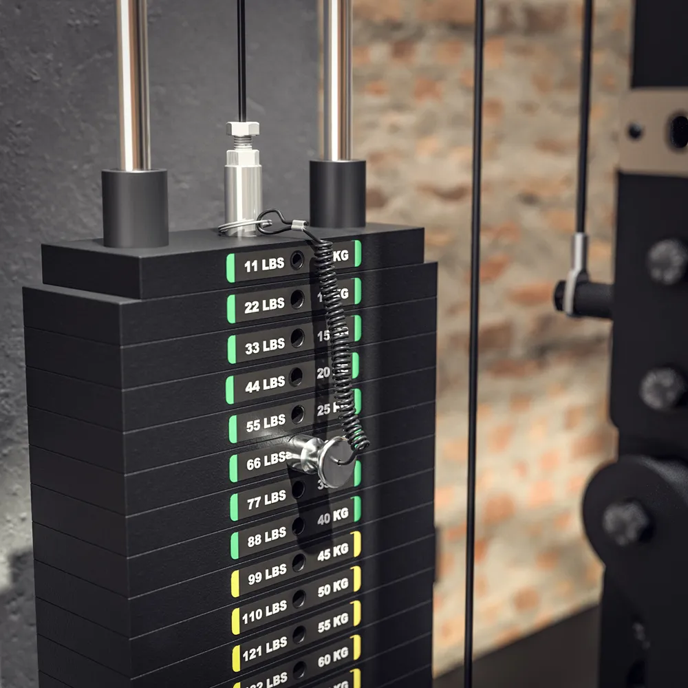 Close-up of a gym weight stack showing labeled plates in both pounds and kilograms, with a metal pin inserted at 44 lbs (20 kg). The background is a brick wall.