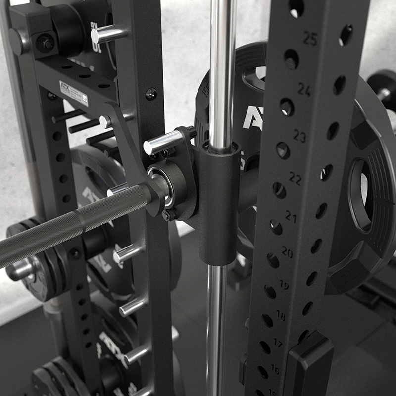 Close-up of a black weightlifting rack with numbered holes, loaded weight plates, and a barbell secured in place.