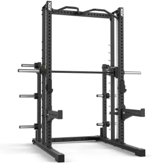 Black power rack with multiple adjustable bar supports, weight plate holders, and pull-up bar at the top, designed for strength training and weightlifting exercises.
