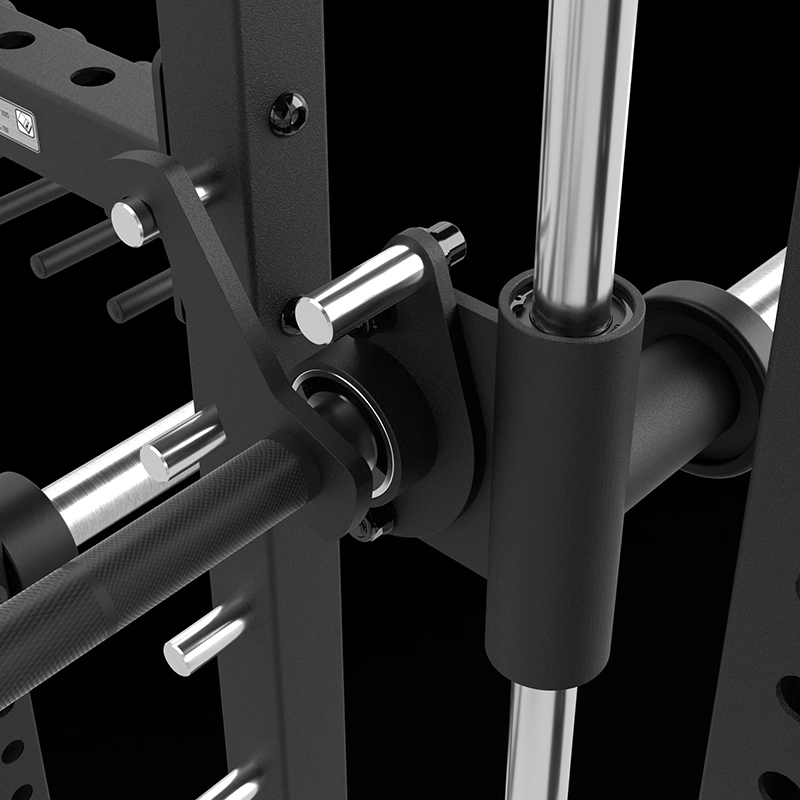 Close-up of the linear ball-bearing pivot joint connecting the Smith bar to the guide rod on the ATX® Commercial Smith Machine.