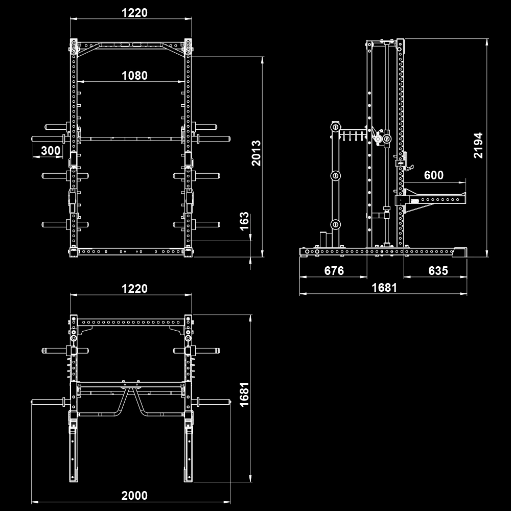 Technical dimension diagram of the ATX® Commercial Smith Machine showing width, height and depth measurements in millimetres.