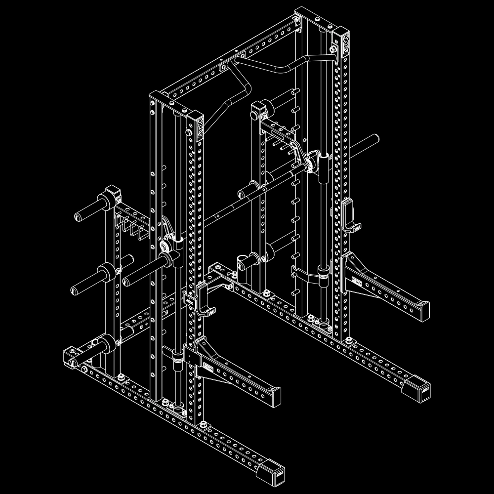 Isometric wireframe drawing of the ATX® Commercial Smith Machine outlining the frame structure and footprint.