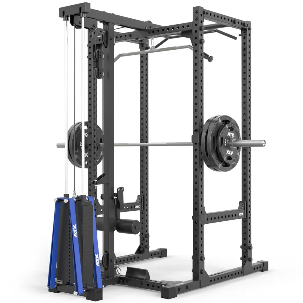 A black and blue home gym power rack with a barbell, weight plates, pull-up bar, and cable pulley system, designed for weightlifting and strength training.