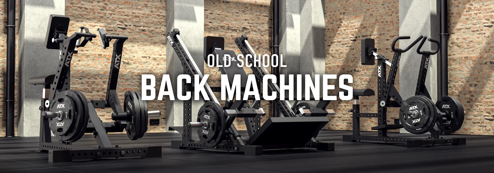 Row of black gym equipment weight machines for back exercises in an industrial-style gym with brick walls. Text reads Old School Back Machines across the center of the image.