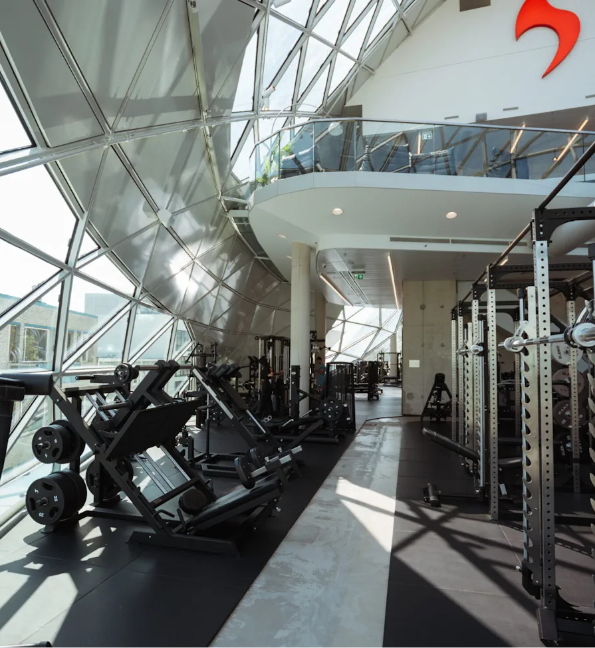 Modern gym with large windows, various weight machines, free weights, and an upper balcony. The space is bright, spacious, and filled with natural light from the geometric glass walls and ceiling.