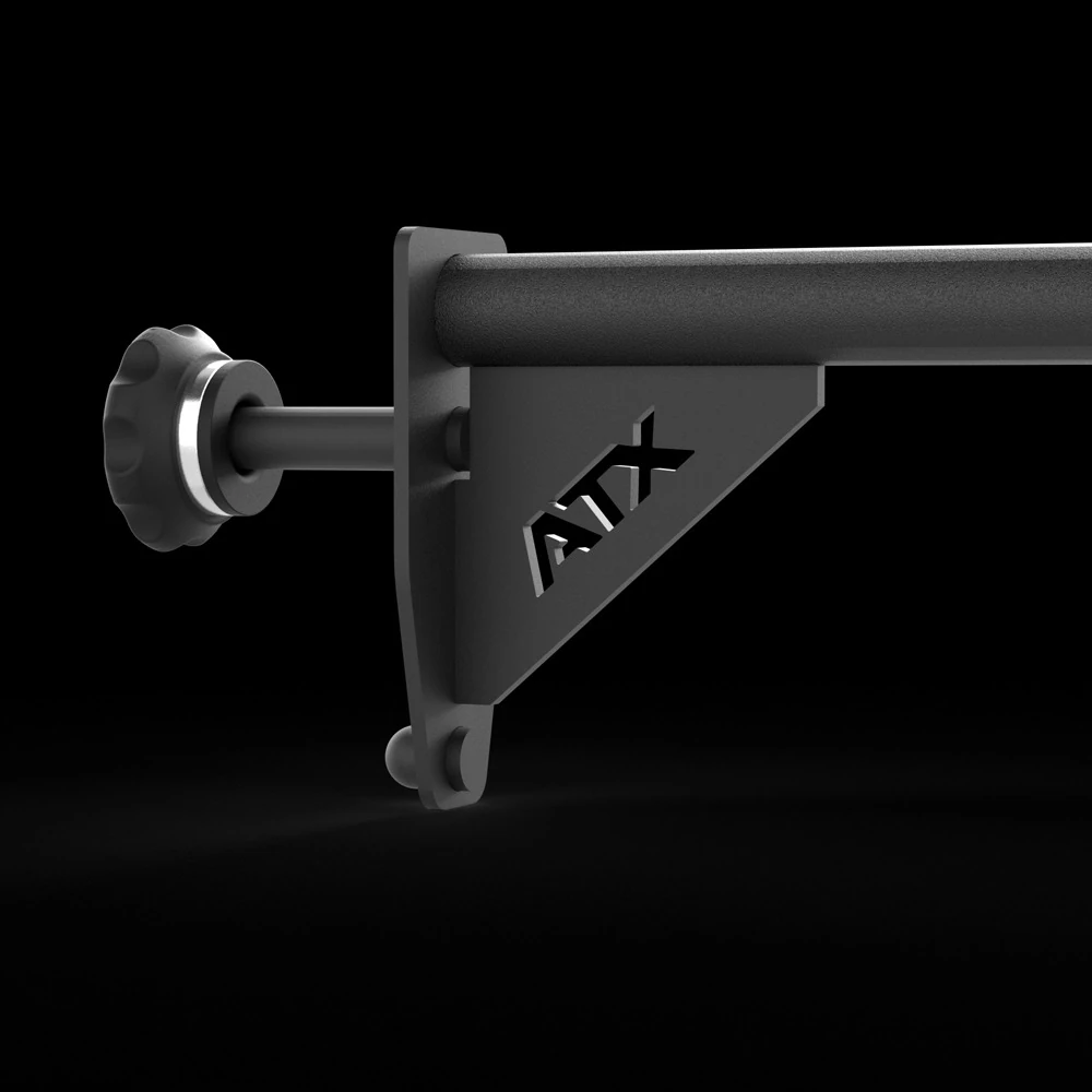 A black metal exercise bar attachment featuring the ATX logo and a tightening knob.