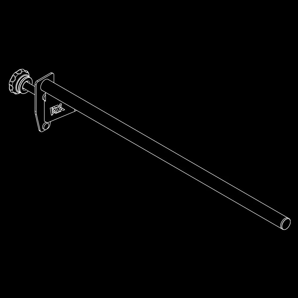 Line drawing of an ATX branded gym equipment attachment consisting of a long metal rod with a mounting plate and locking knob.