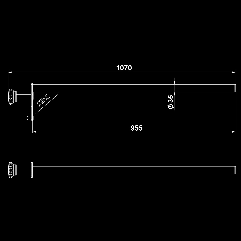 Technical diagram of an ATX fitness attachment with dimensions labeled as 1070mm total length, 955mm usable length, and 35mm diameter.