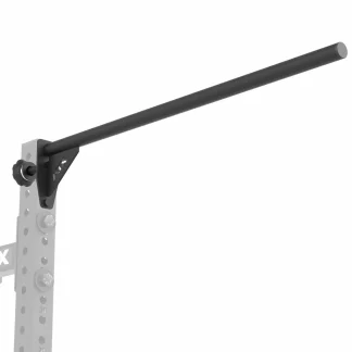 A black pull-up bar attachment mounted to a metal gym rack upright.