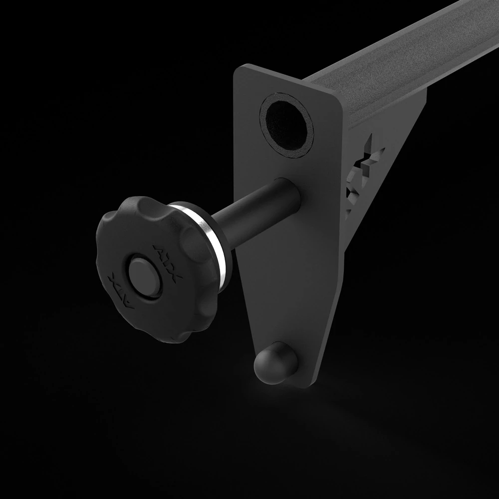 Black gym equipment attachment with a spring-loaded pop pin knob and ATX branding.