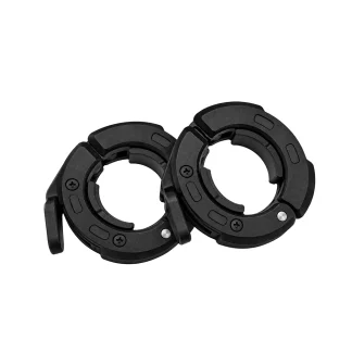 Two black plastic barbell collars with locking levers.