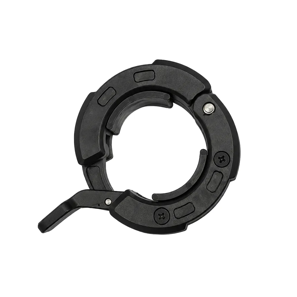 Black bicycle seat post clamp with a quick-release lever.