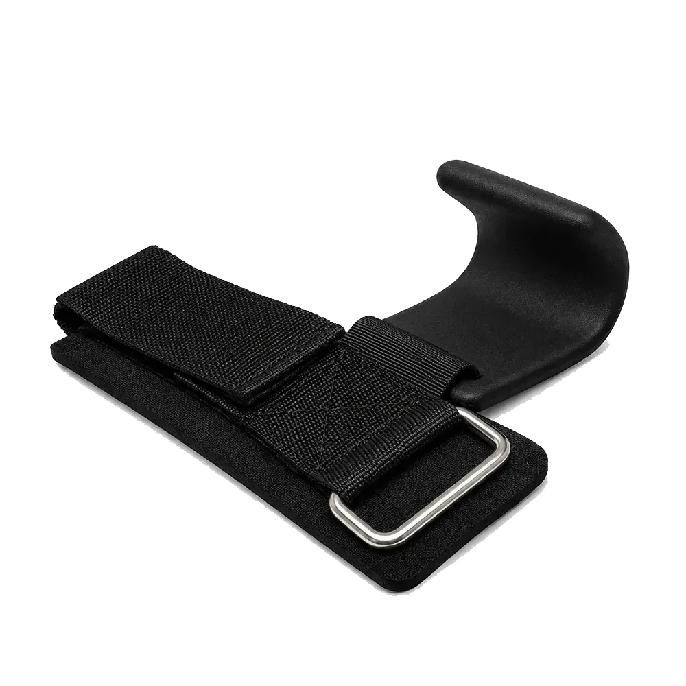 Heavy Duty Weightlifting Hooks featuring a black hook and a metal adjustment buckle.