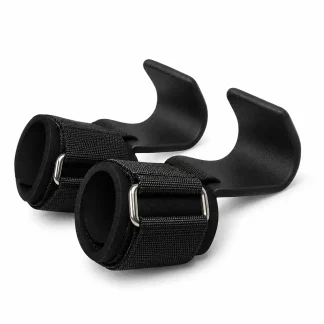 Heavy Duty Weightlifting Hooks consisting of two black hooks with padded wrist straps and metal buckles.
