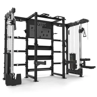 Front three quarter view of the ATX MCR 780 The Wall rack system and crossover on a white background with lat pulldown half rack and row station