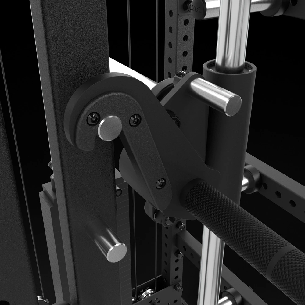Close-up of the barbell hook and release mechanism on the ATX® Multipress Option, with the knurled black chrome barbell.