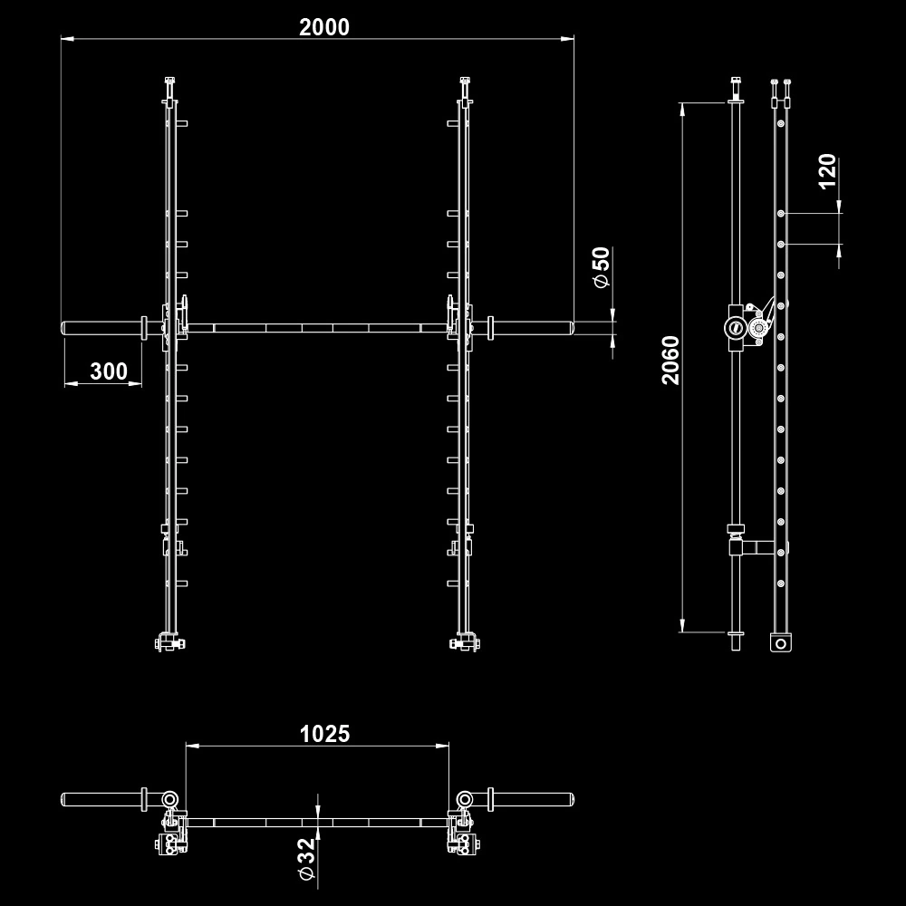 Technical drawing of a squat rack with dimensions labeled in millimeters, showing front, side, and top views.