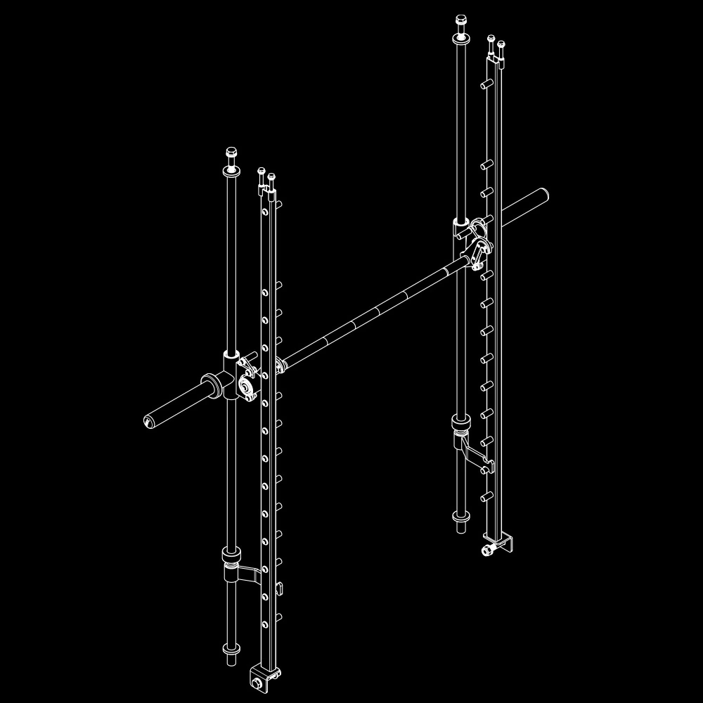 Technical line drawing of a power rack with two vertical uprights and a horizontal barbell.