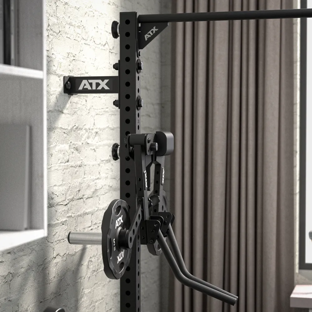 Wall-mounted ATX gym rig with a pull-up bar and dip attachment holding a weight plate.