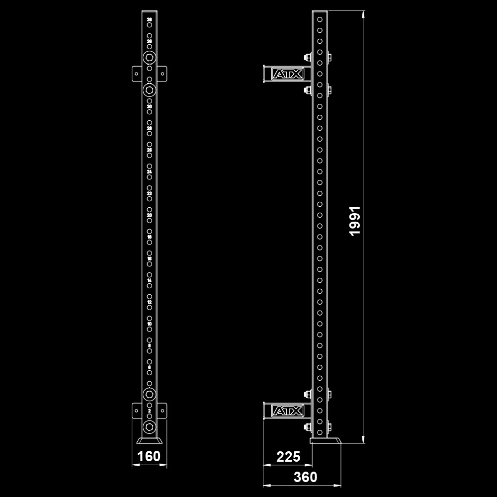 Technical diagram of two upright steel rig posts with brackets, labeled with dimensions in millimeters.