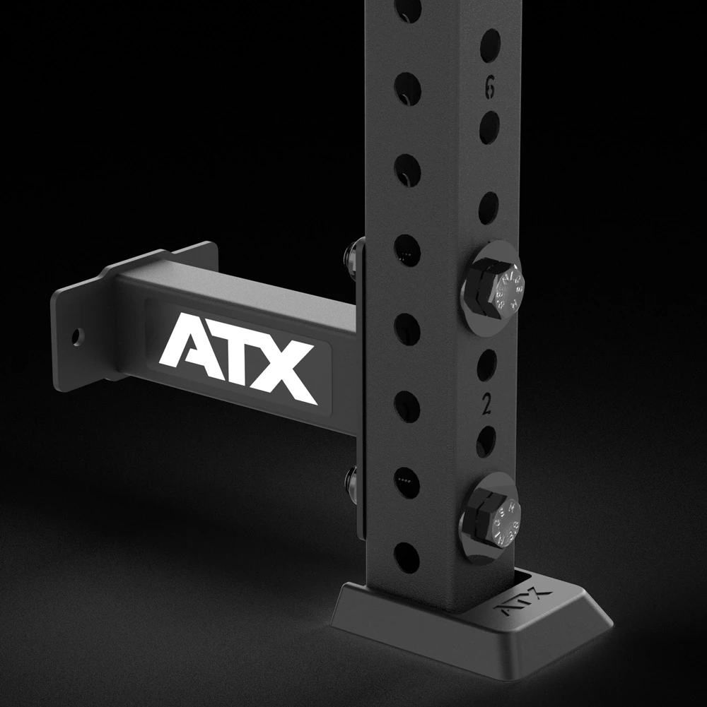 Close-up of the ATX® floor foot and lower wall bracket on the ATX® Multi Upright / Training Wall Post.