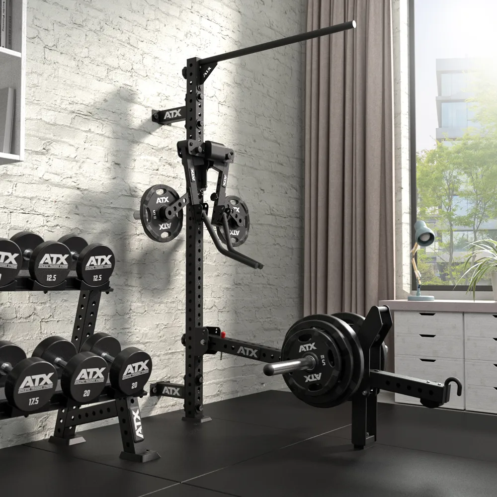 Wall-mounted ATX squat rack with a pull-up bar, accompanied by a weight rack holding several pairs of dumbbells and weight plates.