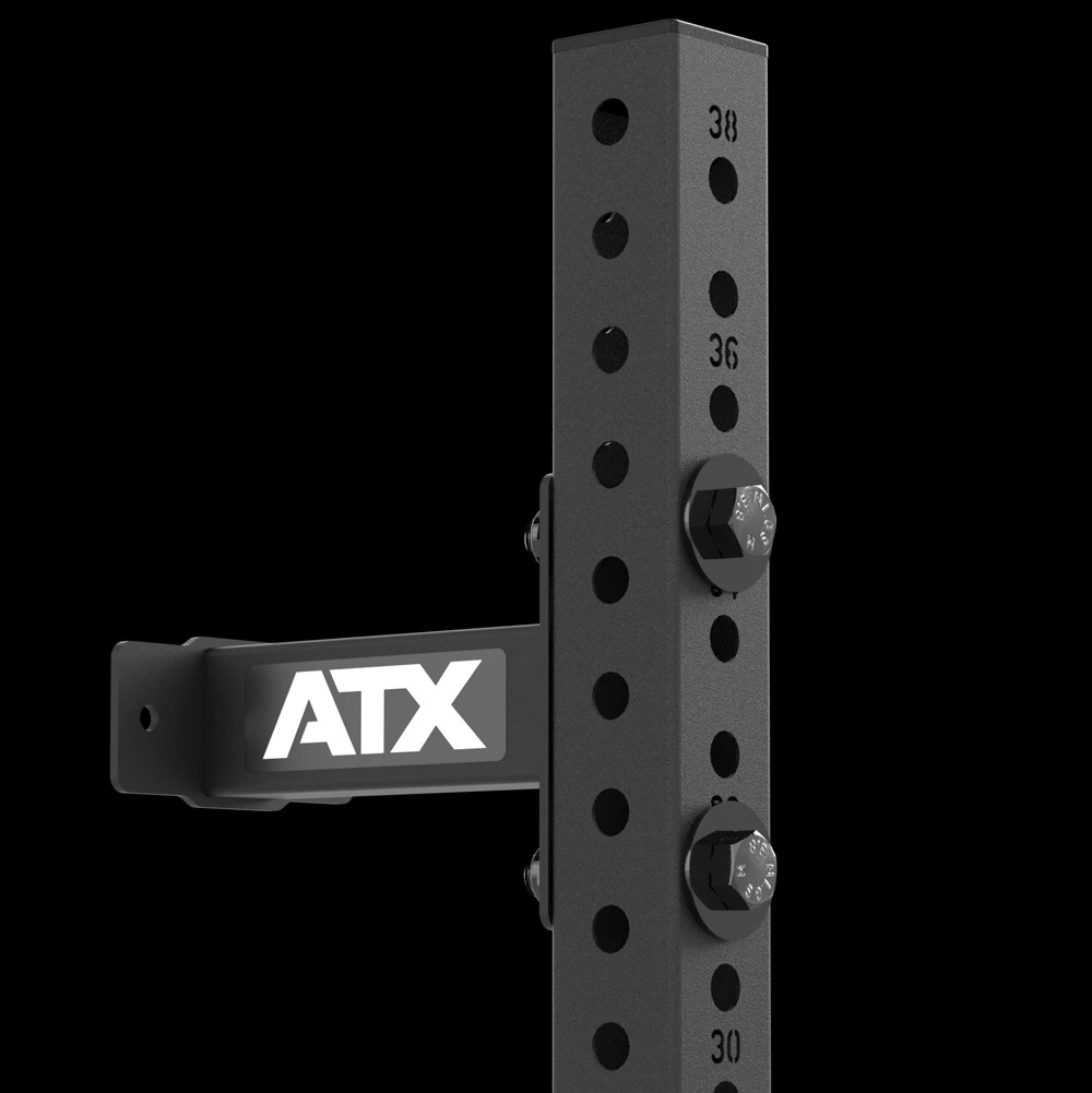 Close-up of the wall bracket and laser-numbered upright on the ATX® Multi Upright / Training Wall Post, with bolts through the hole pattern.