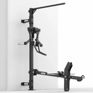 Wall-mounted ATX gym rack with an adjustable pull-up bar, functional trainer arm, and a fold-out landmine attachment.