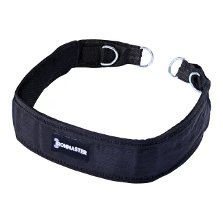 Black Ironmaster dipping belt with metal D-rings on the ends.